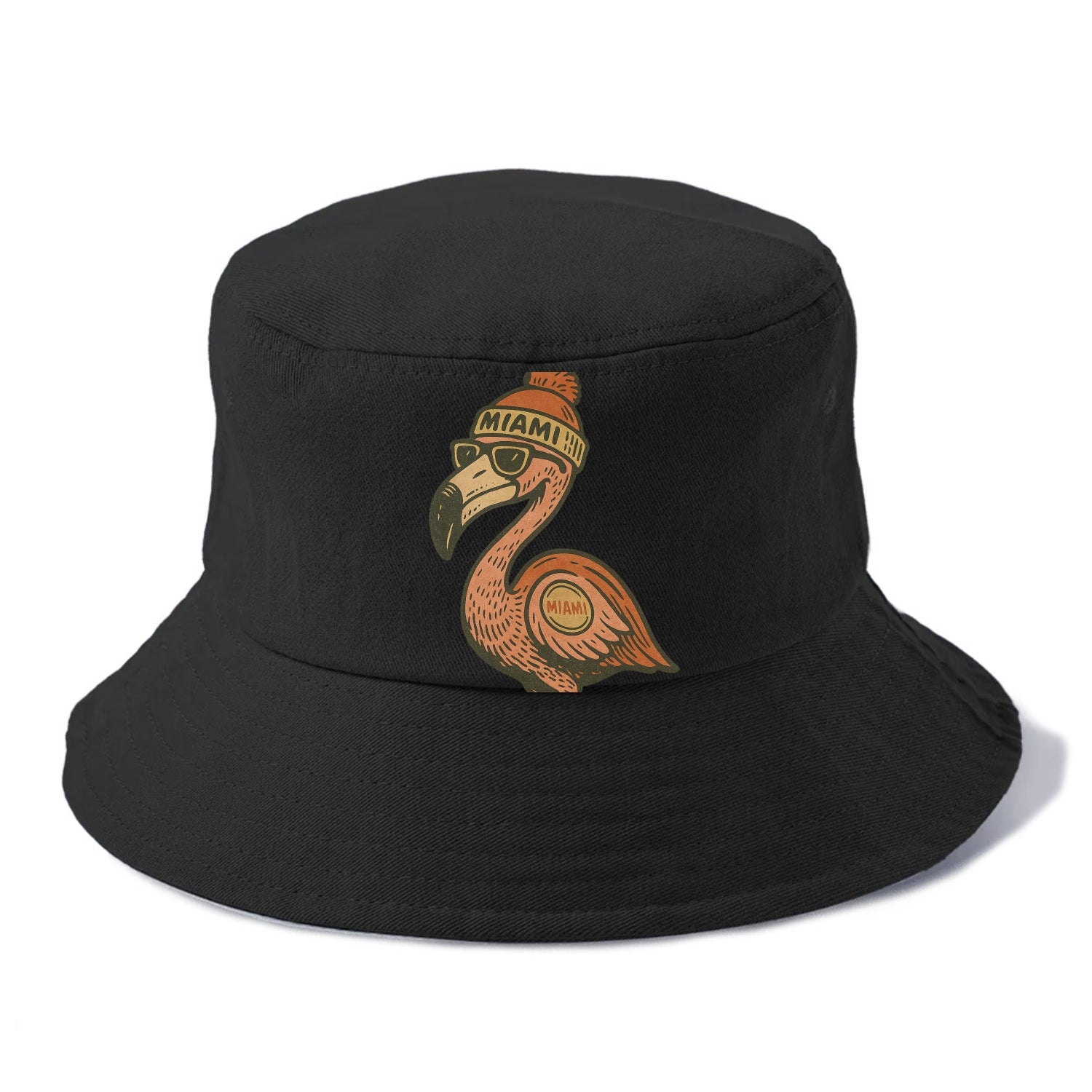 Miami Flamingo wearing Miami beanie with pom pom and wayfarer sunglasses - Bucket Hat - Black