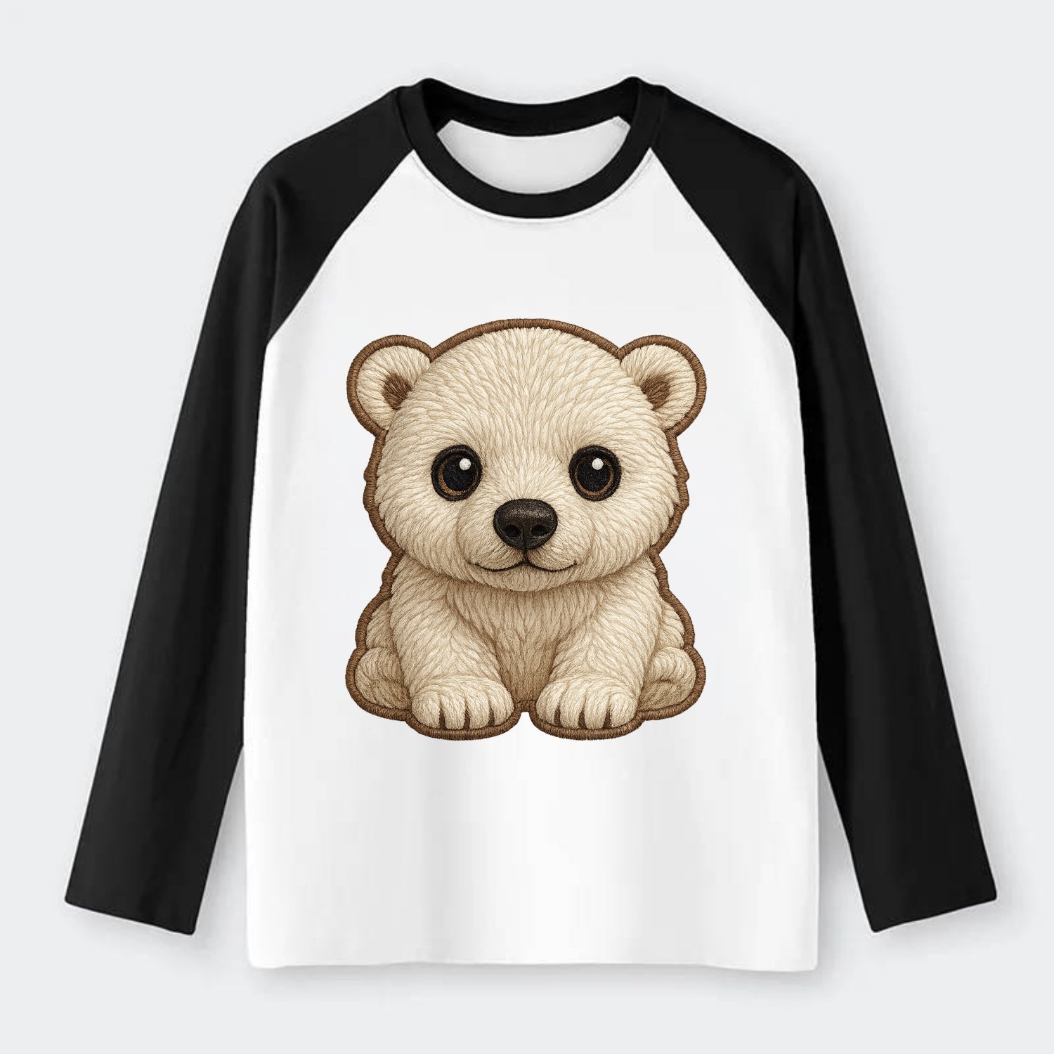Baby Polar Bear Cub - white fluffy, black nose, dark curious eyes, - Raglan Long Sleeve T-Shirt - Black