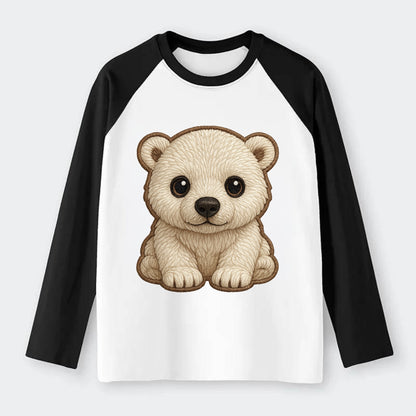 Baby Polar Bear Cub - white fluffy, black nose, dark curious eyes, - Raglan Long Sleeve T-Shirt - Black