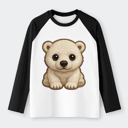 Baby Polar Bear Cub - white fluffy, black nose, dark curious eyes, - Raglan Long Sleeve T-Shirt
