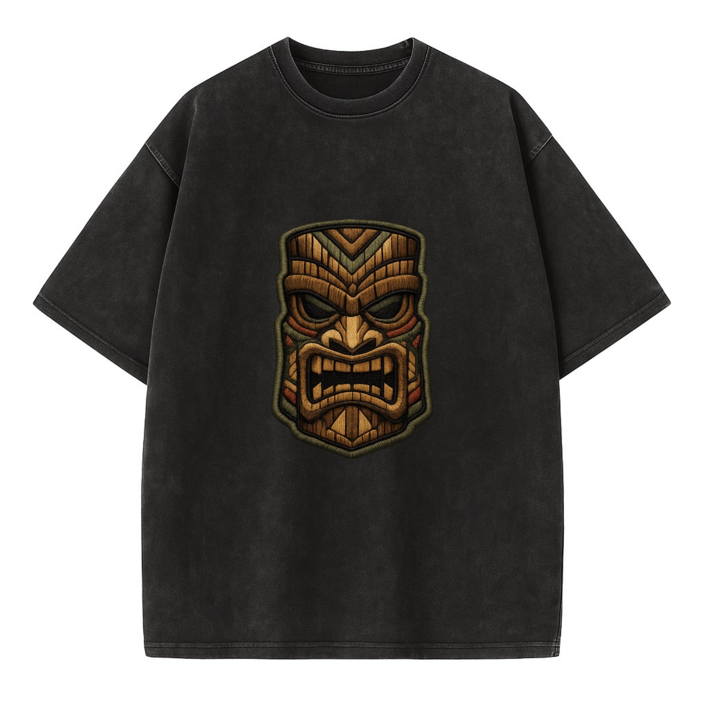 TIKI MASK - carved totem in brown and red , Polynesian - Vintage T-shirt - Black