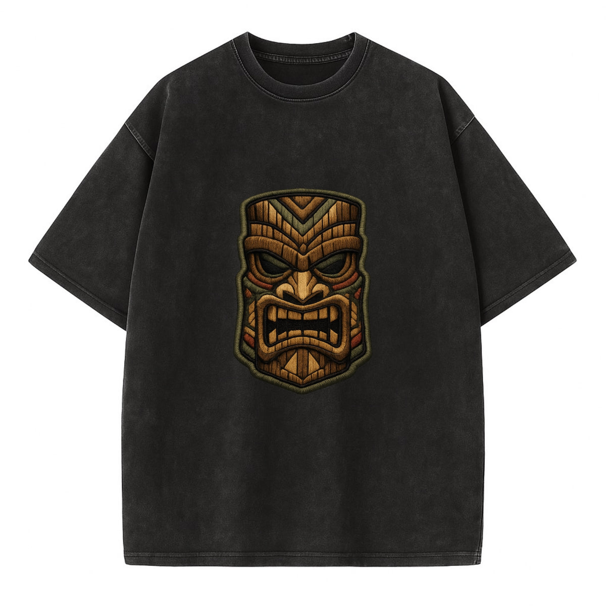 TIKI MASK - carved totem in brown and red , Polynesian - Vintage T-shirt - Black