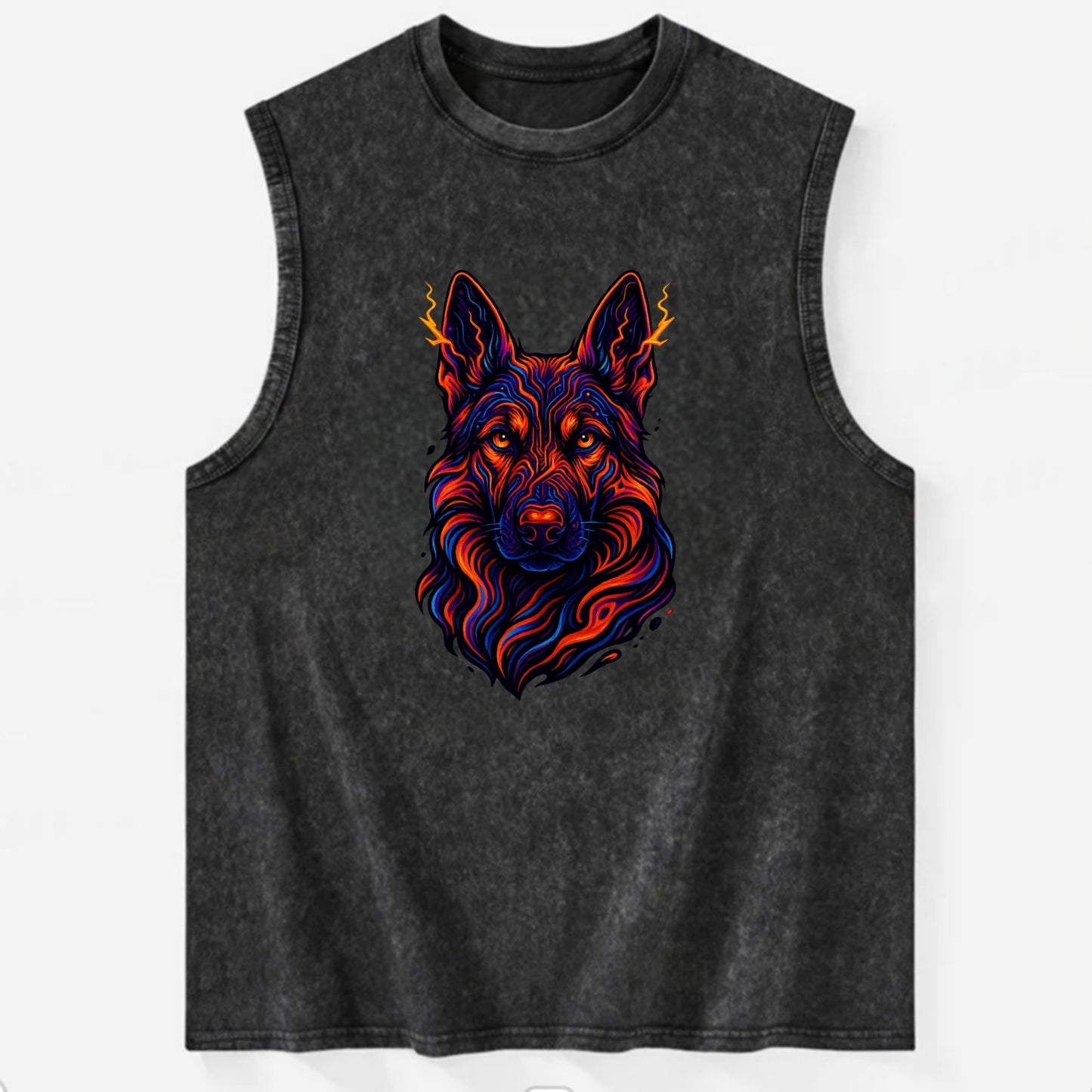 Alert German Shepherd with cyber circuit patterns in the fur, neon orange and - Vintage Washed Tank - Black