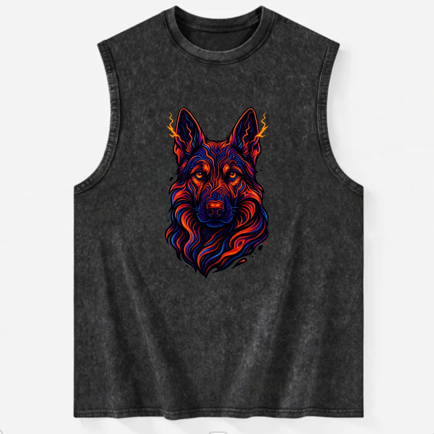 Alert German Shepherd with cyber circuit patterns in the fur, neon orange and - Vintage Washed Tank - Black