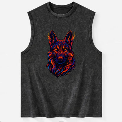 Alert German Shepherd with cyber circuit patterns in the fur, neon orange and - Vintage Washed Tank - Black