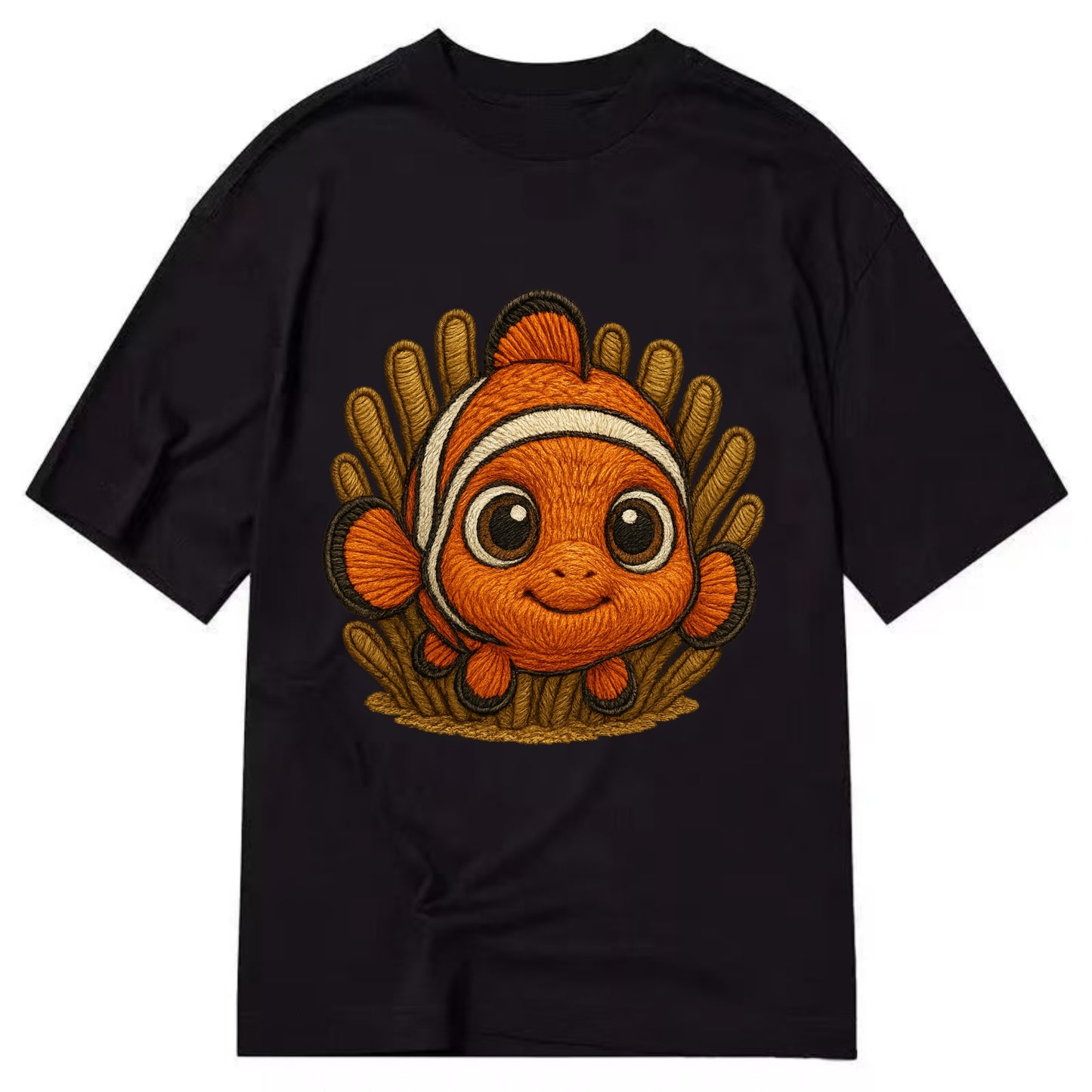 Baby Clownfish - orange with white stripes, big round eyes, front-facing in - Classic T-shirt - Black