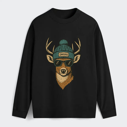 Nebraska White-tailed Deer wearing Omaha beanie with pom pom and - Classic Long Sleeve Shirt - Black