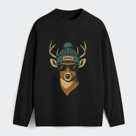 Nebraska White-tailed Deer wearing Omaha beanie with pom pom and - Classic Long Sleeve Shirt - Black