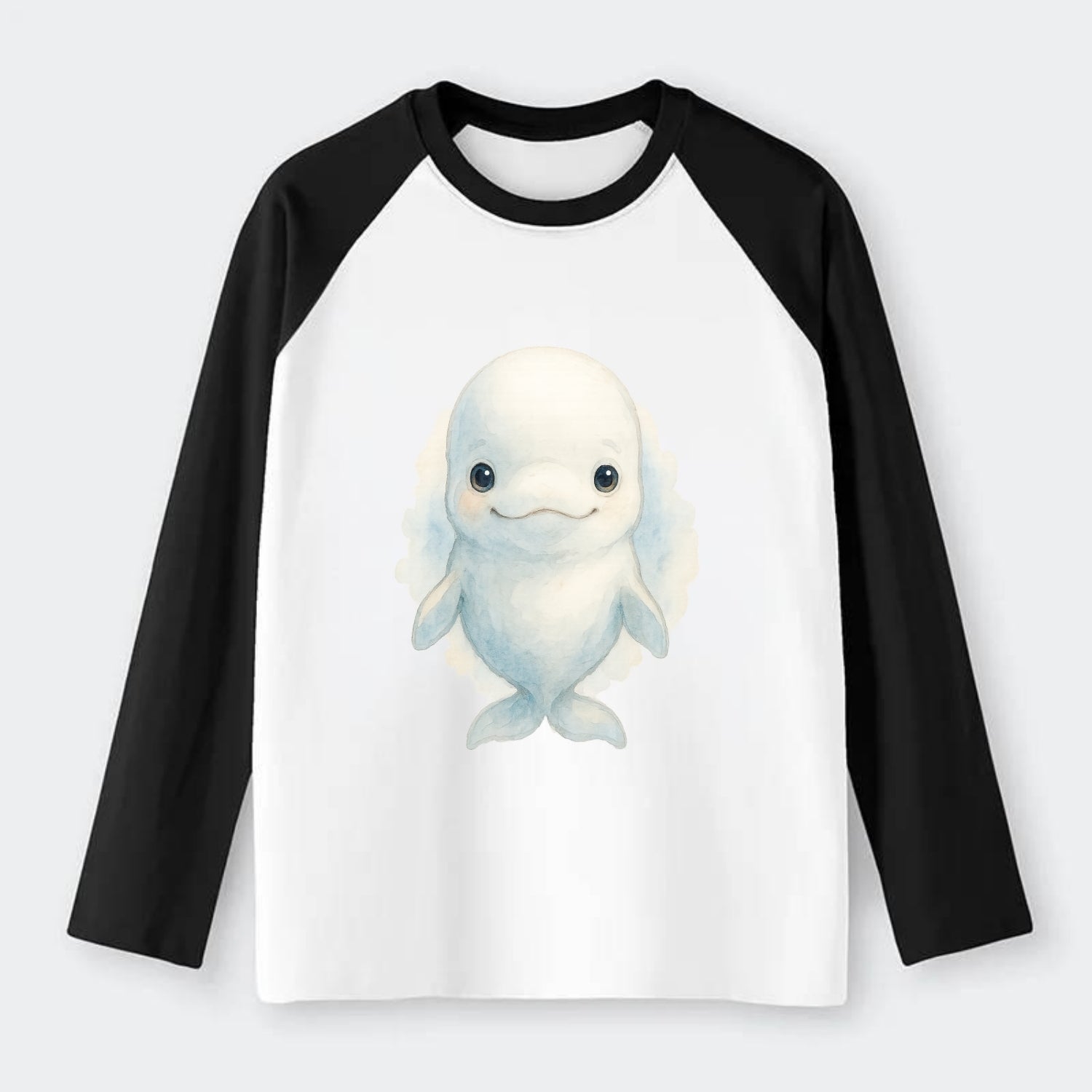 Baby Beluga Whale - pure white, rounded forehead, small eyes with big - Raglan Long Sleeve T-Shirt - Black