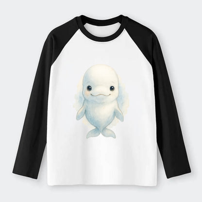 Baby Beluga Whale - pure white, rounded forehead, small eyes with big - Raglan Long Sleeve T-Shirt - Black