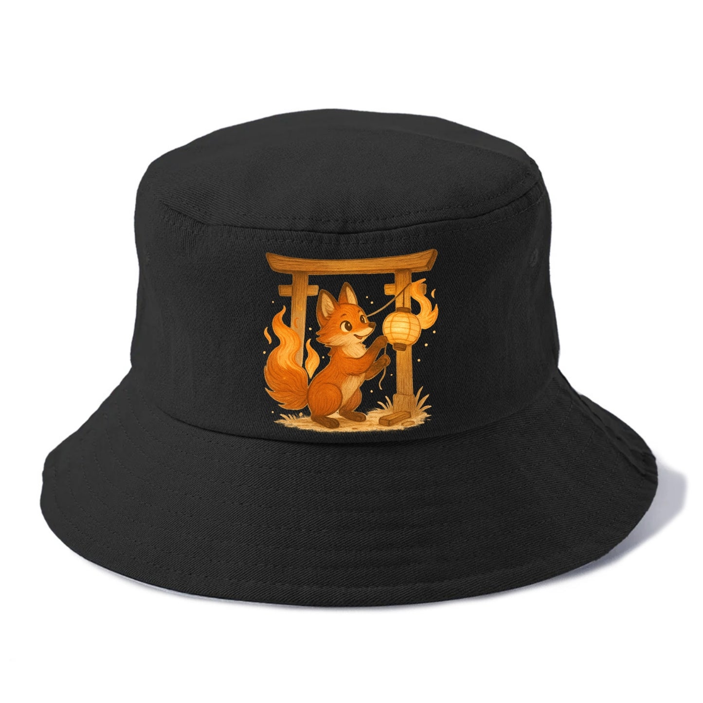 Foxfire kitsune stringing lanterns along a torii gate with tails of living flame - Bucket Hat - Black