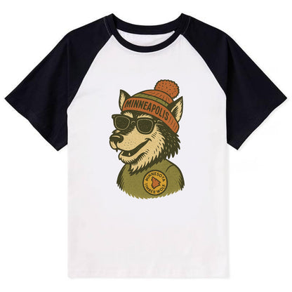 Minnesota Timber Wolf wearing Minneapolis beanie with pom pom and - Contrast Raglan T-shirt - Black