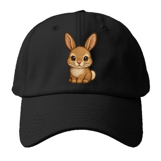 Baby Rabbit - long ears, fluffy white tail, pink nose, large brown eyes, - Baseball Cap - Black