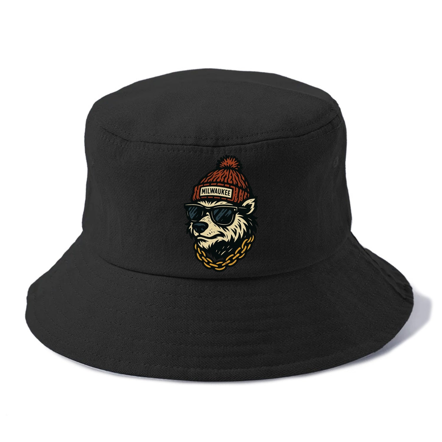 Milwaukee Badger wearing Milwaukee beanie with pom pom and wayfarer sunglasses - Bucket Hat - Black