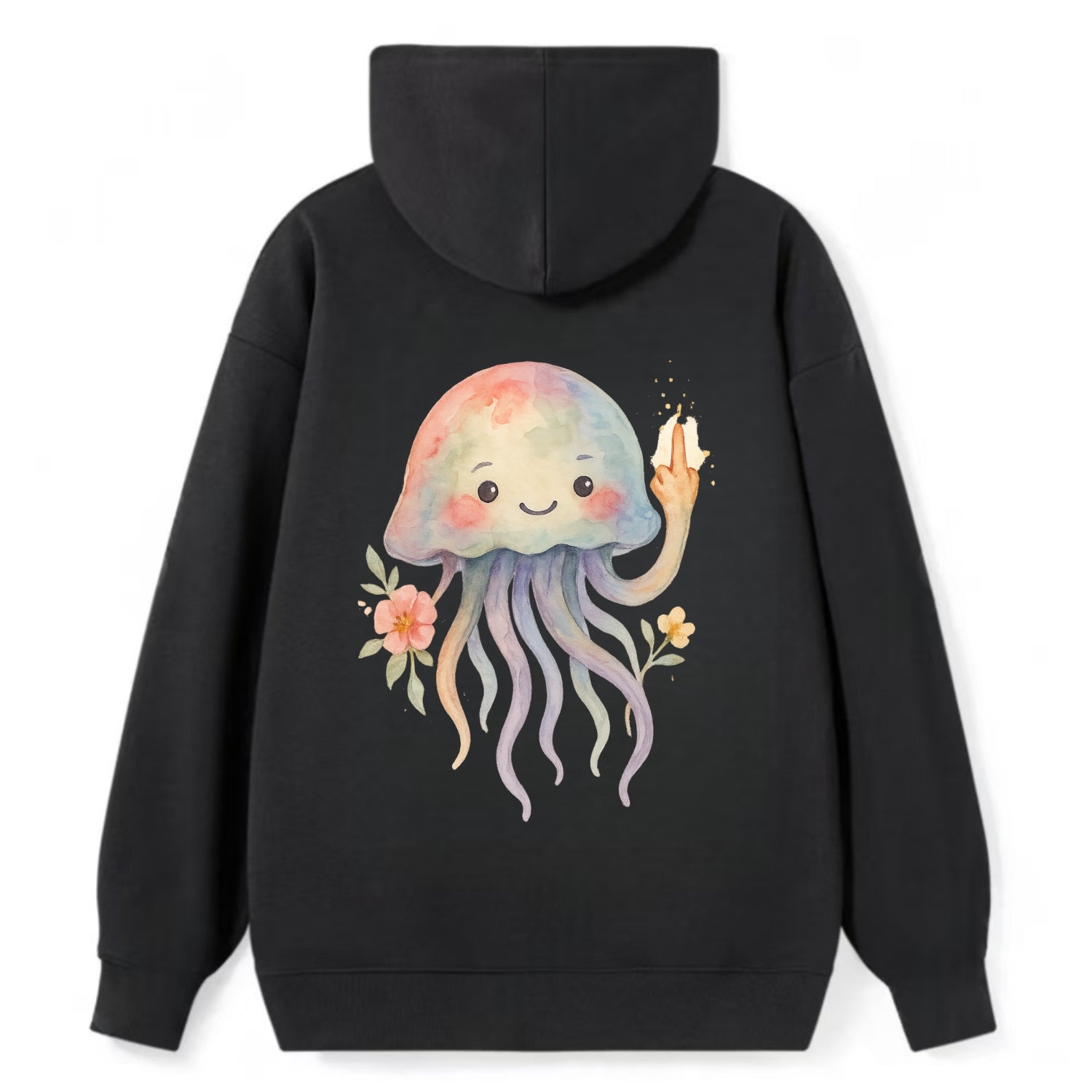 jellyfish with kawaii face and tentacles, one tentacle pointing up - Classic Pullover Hoodie - Black