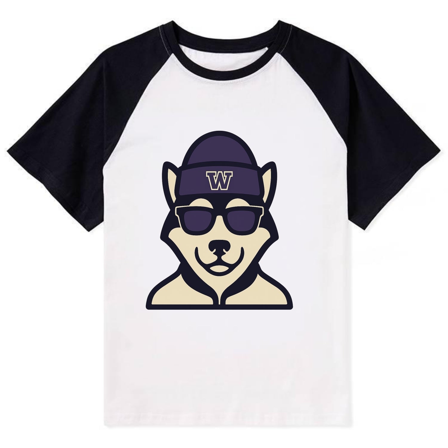 Seattle Husky wearing Washington beanie with W patch - Contrast Raglan T-shirt - Black