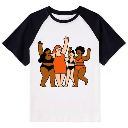 Diverse body types celebrating together - body positivity movement, all - Contrast Raglan T-shirt - Black