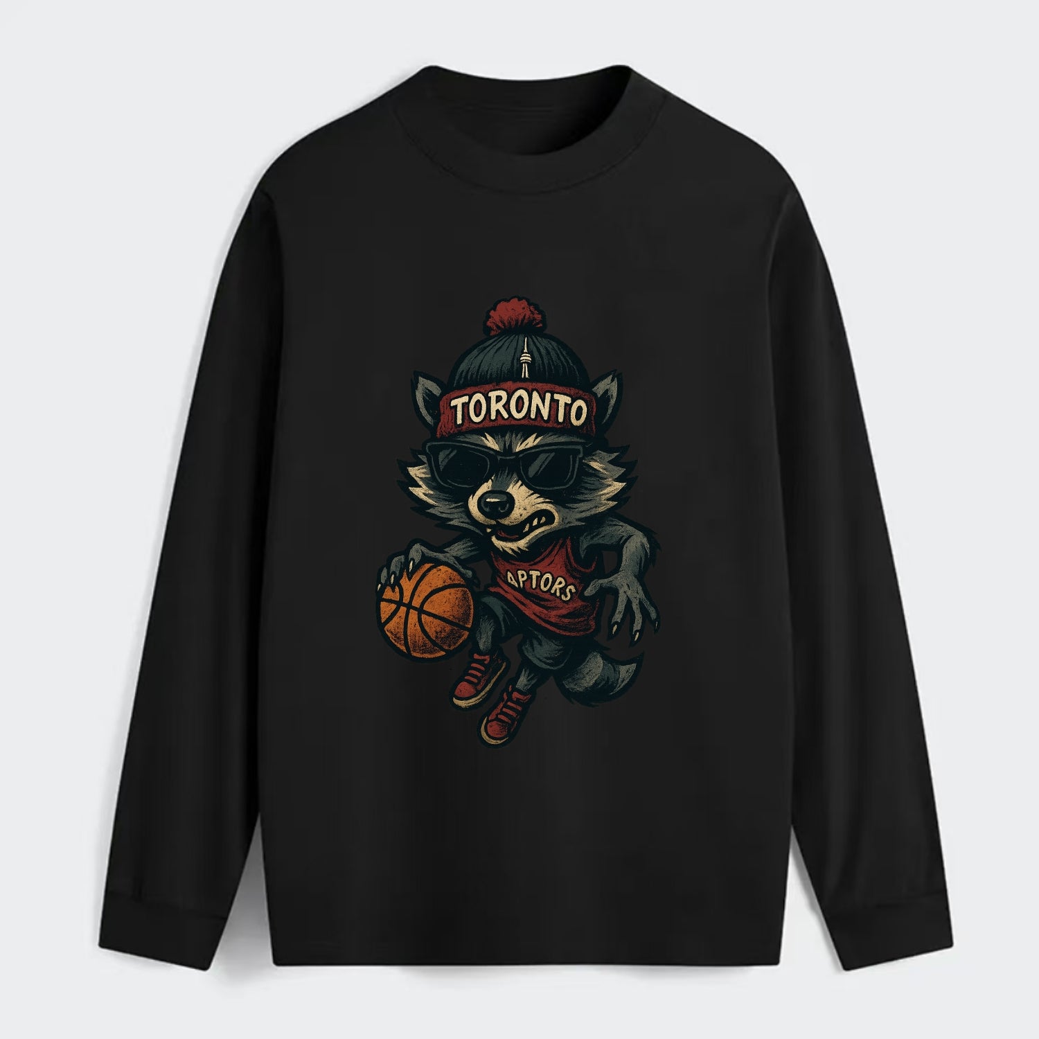 Toronto Raccoon wearing Raptors beanie with CN Tower patch and wayfarer - Classic Long Sleeve Shirt - Black