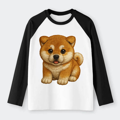 Baby Akita Puppy - fluffy bear-like, curled tail, dignified eyes, - Raglan Long Sleeve T-Shirt - Black