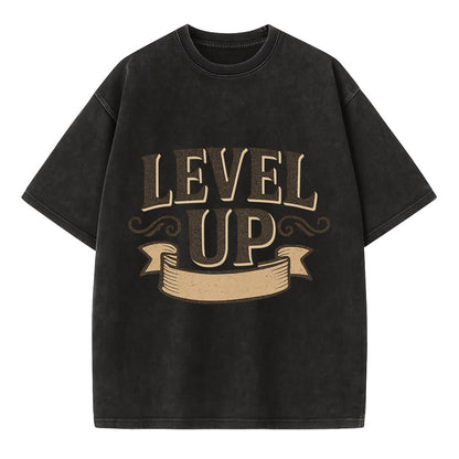 Bold typography design - "LEVEL UP" - improving, advancing, growing - Vintage T-shirt - Black