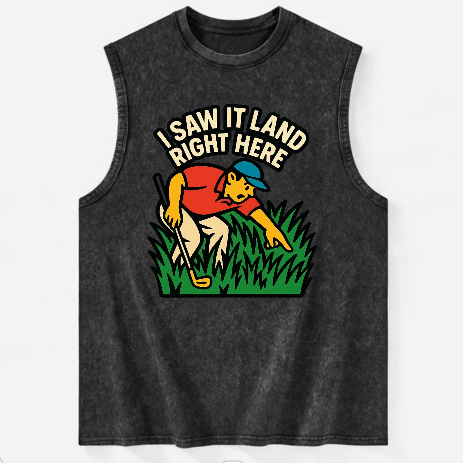 Golfer searching in deep rough - "I Saw It Land Right Here" - lost ball saga - Vintage Washed Tank - Black