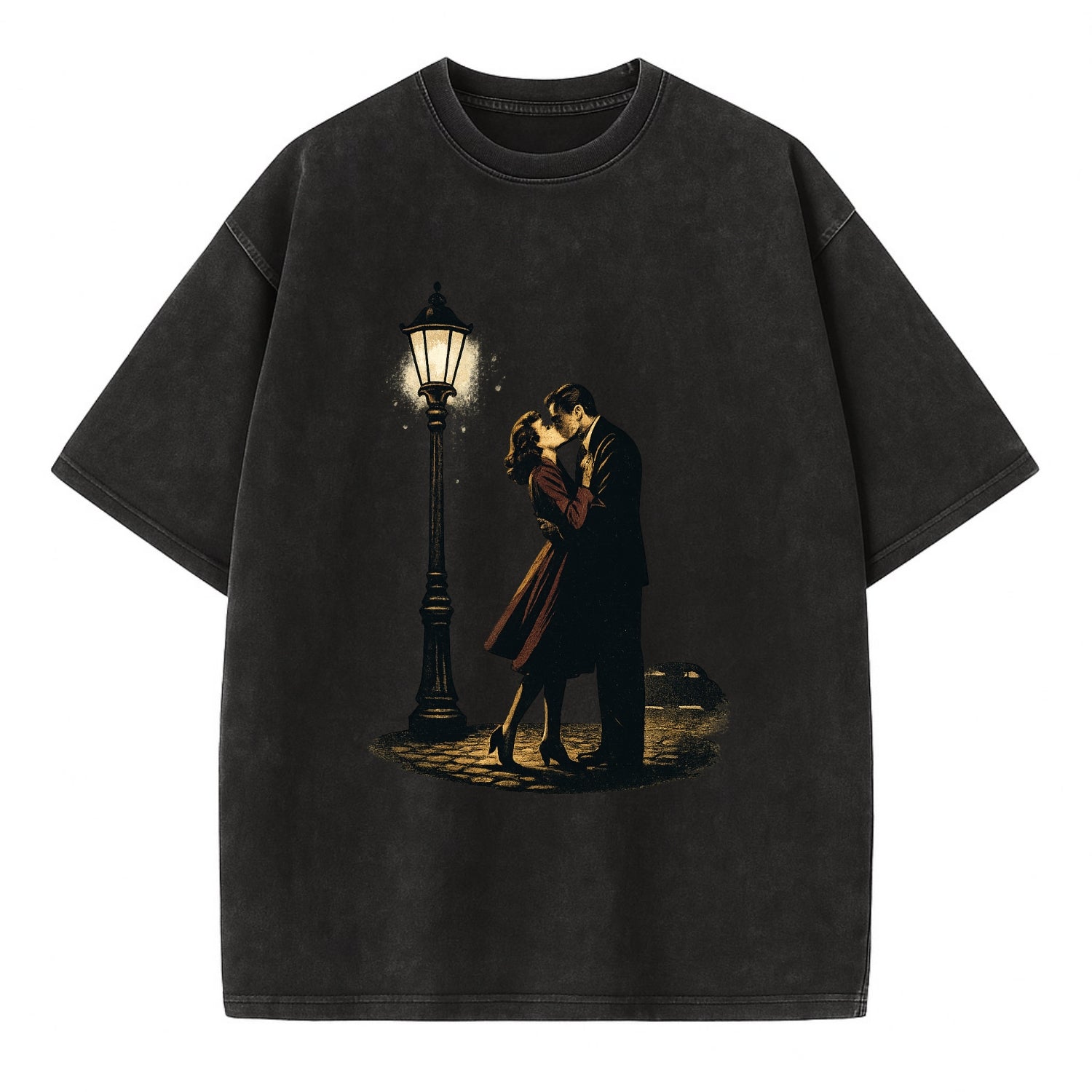 first kiss under vintage street lamp on cobblestone at night - Vintage T-shirt - Black