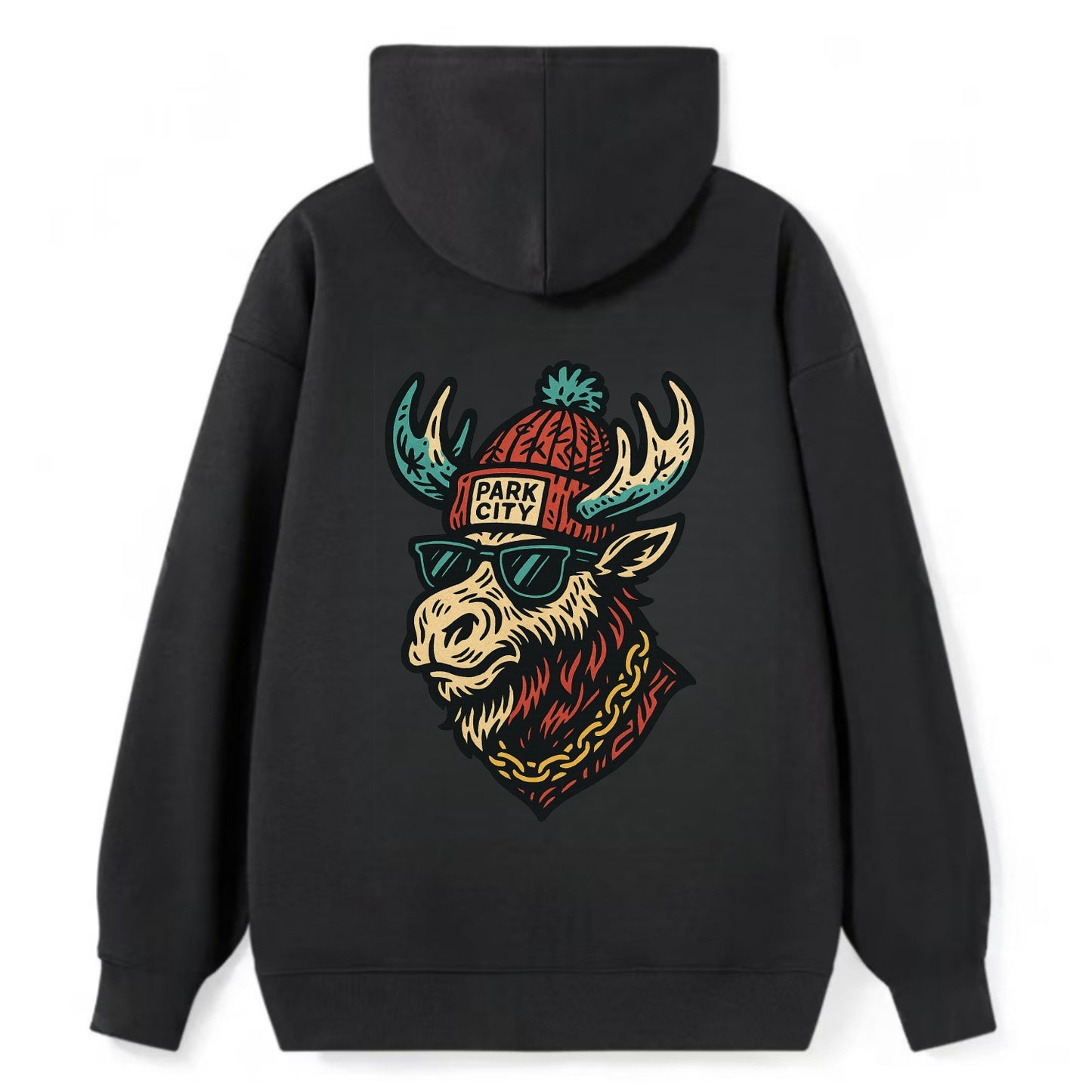 Park City Moose wearing Park City beanie with pom pom and wayfarer - Classic Pullover Hoodie - Black