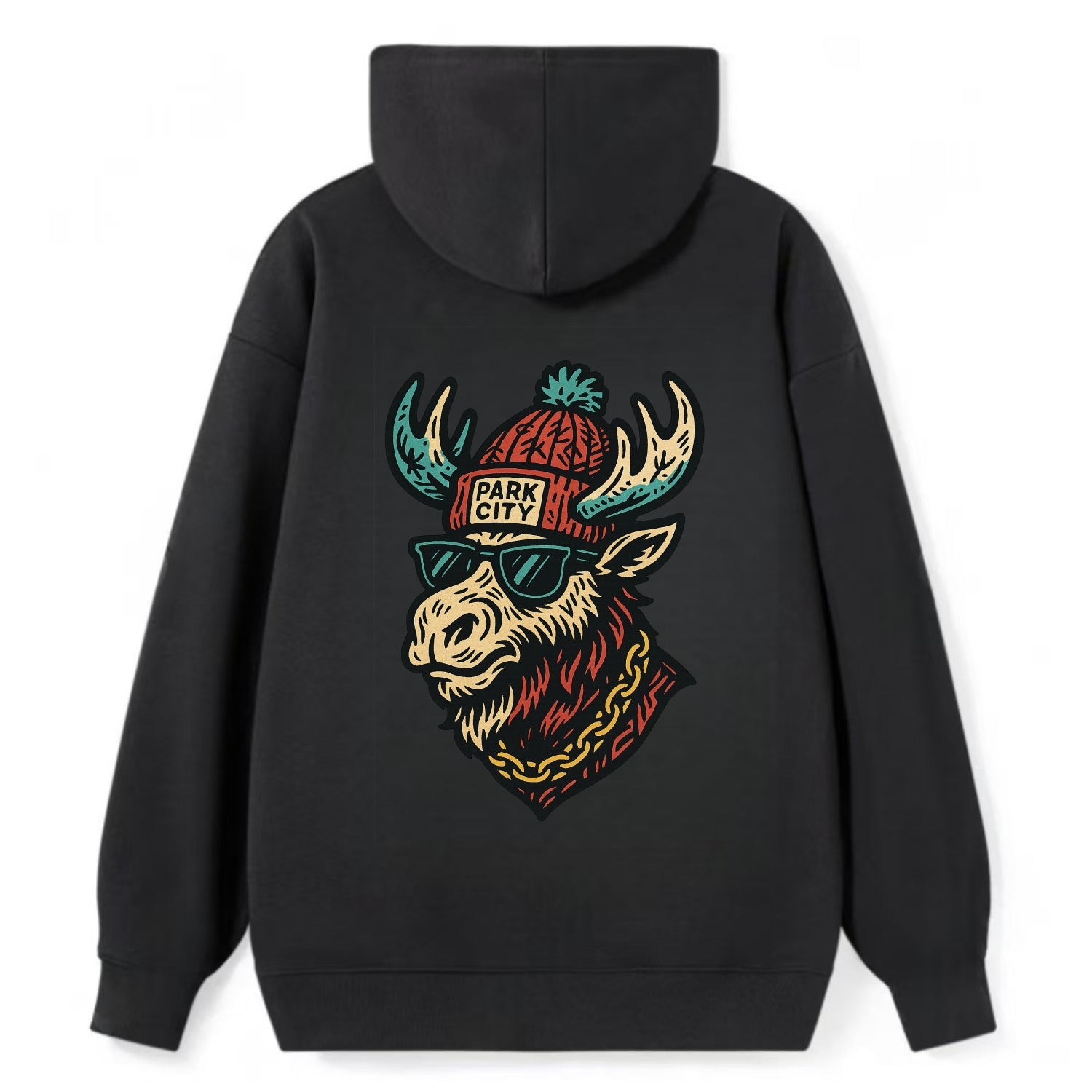Park City Moose wearing Park City beanie with pom pom and wayfarer - Classic Pullover Hoodie - Black