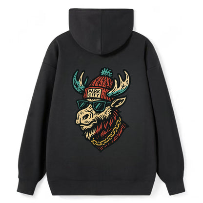 Park City Moose wearing Park City beanie with pom pom and wayfarer - Classic Pullover Hoodie - Black