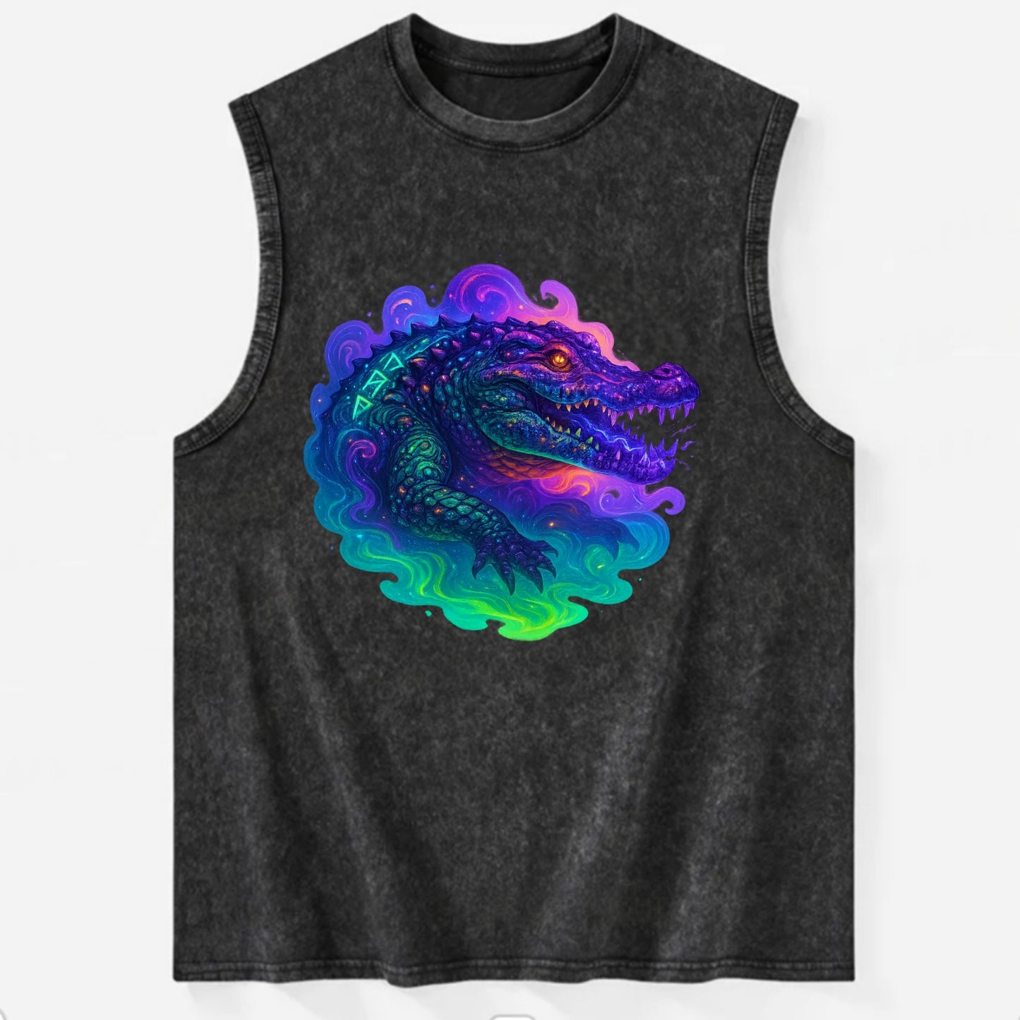 Primordial crocodile with scales pulsing plasma energy in green and purple, - Vintage Washed Tank - Black