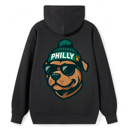 Philly Pitbull wearing Eagles beanie with Liberty Bell patch and wayfarer - Classic Pullover Hoodie - Black