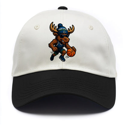 Twin Cities Moose wearing Timberwolves beanie with pine tree patch and wayfarer - Two Tone Cap - Black