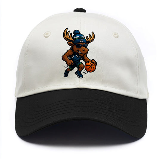 Twin Cities Moose wearing Timberwolves beanie with pine tree patch and wayfarer - Two Tone Cap - Black