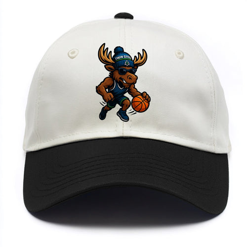 Twin Cities Moose wearing Timberwolves beanie with pine tree patch and wayfarer - Two Tone Cap