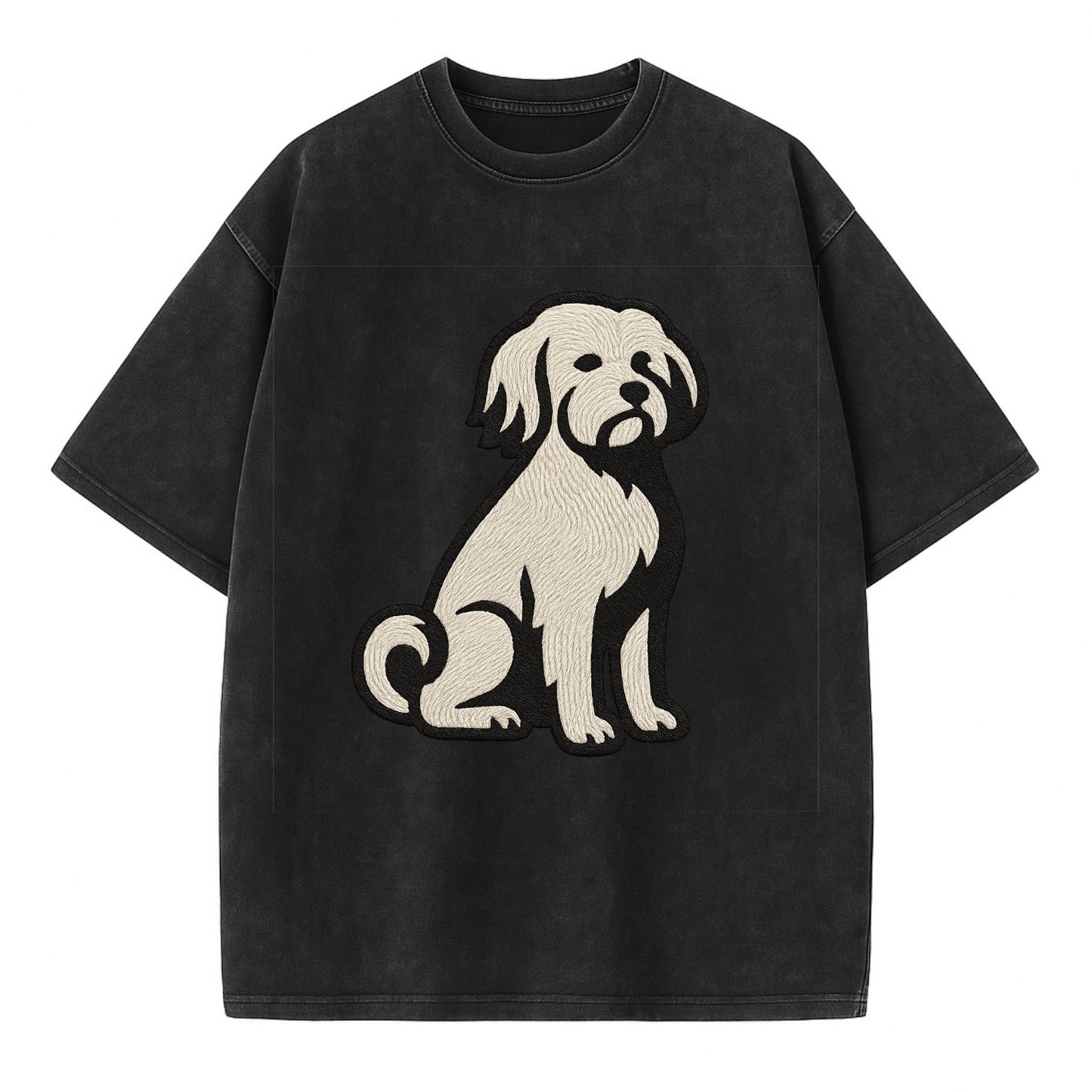 Löwchen - Little Lion Dog white embroide - Vintage T-shirt - Black