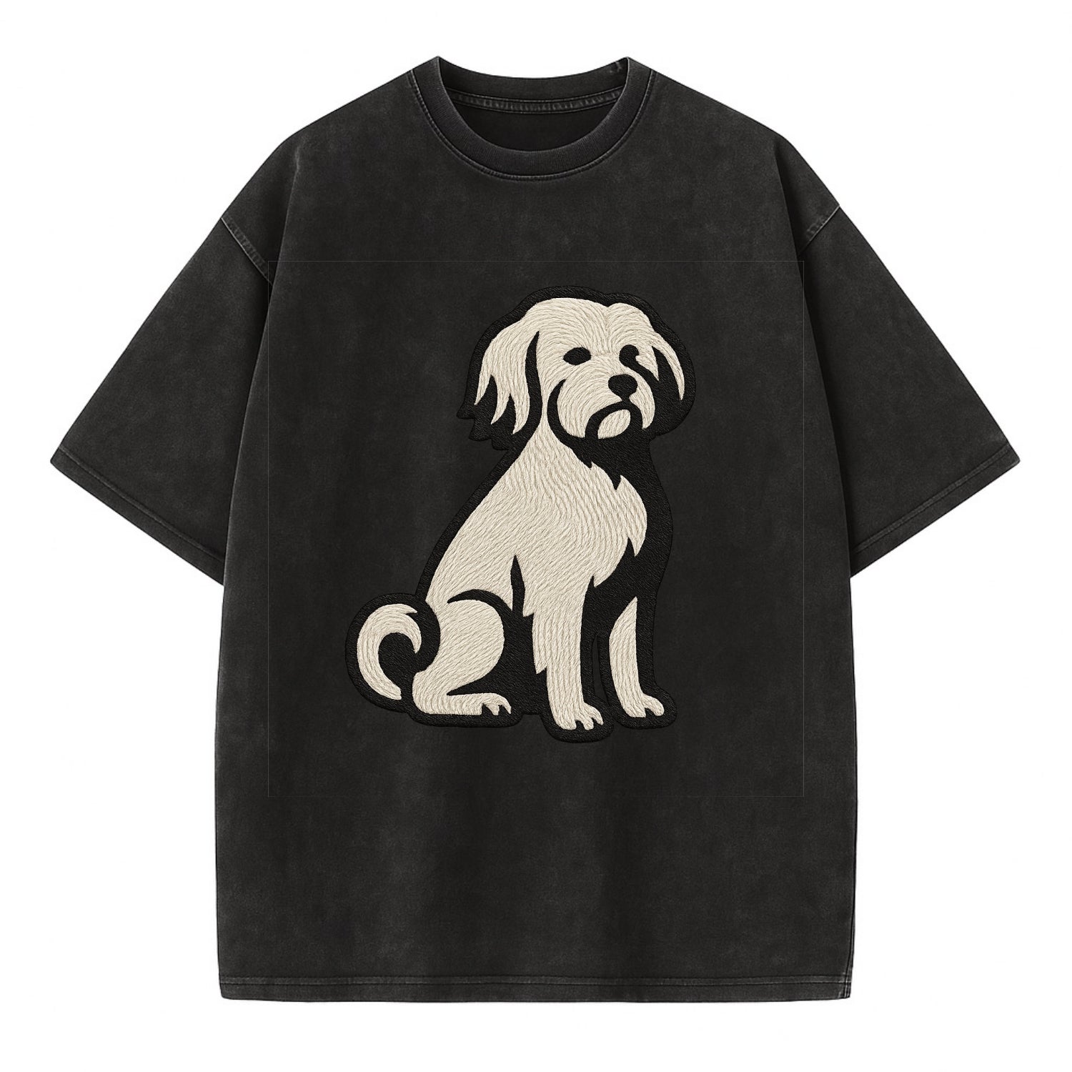 Löwchen - Little Lion Dog white embroide - Vintage T-shirt - Black