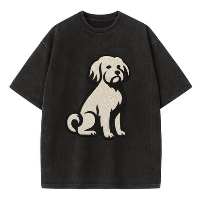 Löwchen - Little Lion Dog white embroide - Vintage T-shirt - Black