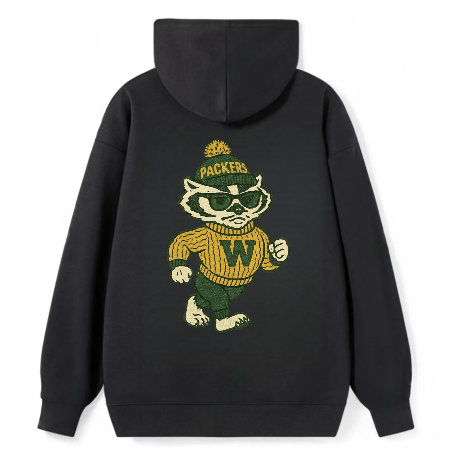 Wisconsin Badger wearing Packers green and gold beanie with pom pom and - Classic Pullover Hoodie - Black
