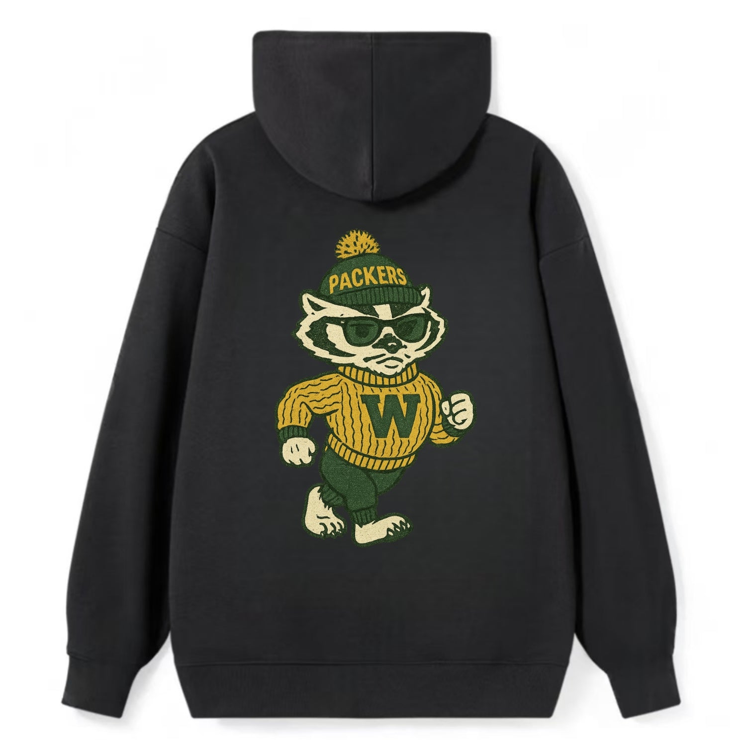 Wisconsin Badger wearing Packers green and gold beanie with pom pom and - Classic Pullover Hoodie - Black