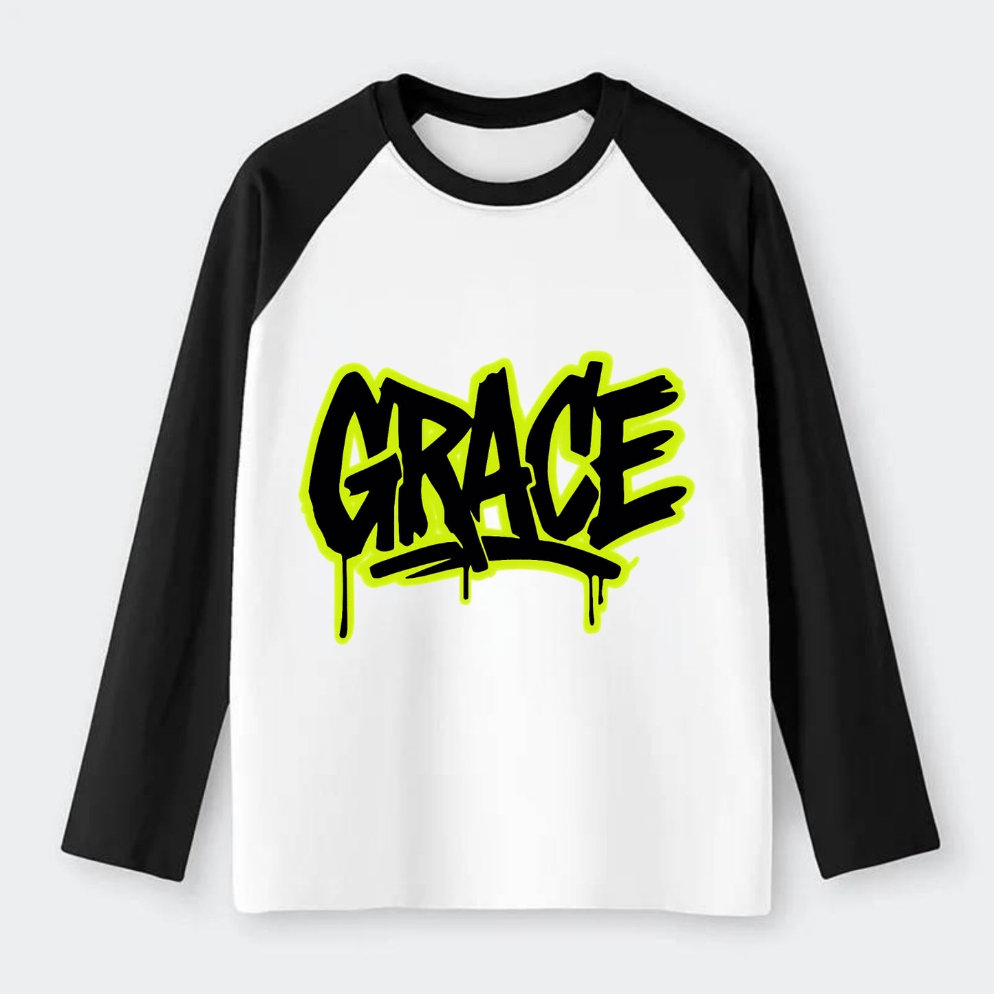 Bold typography design - "GRACE" - elegance under pressure, divine - Raglan Long Sleeve T-Shirt - Black