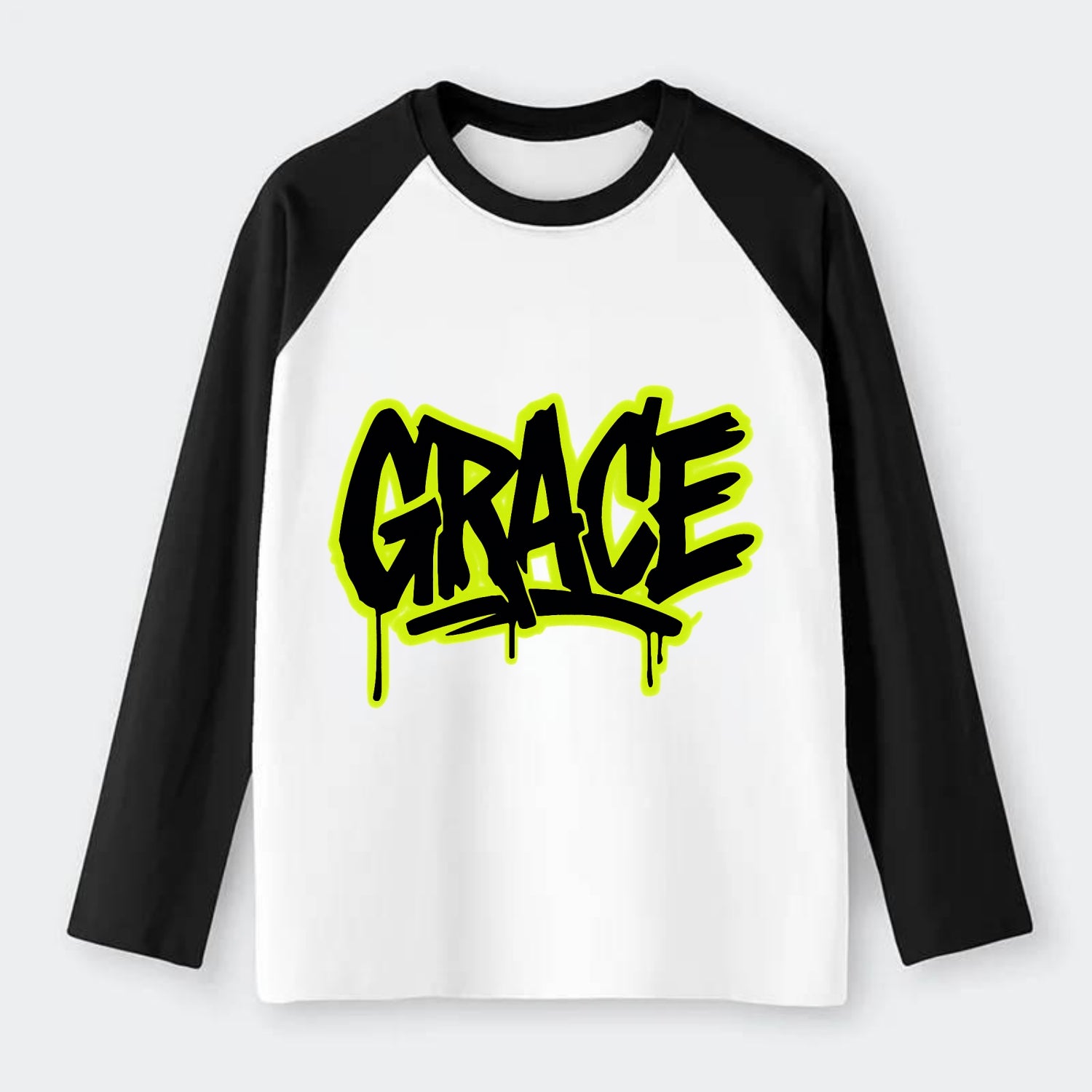 Bold typography design - "GRACE" - elegance under pressure, divine - Raglan Long Sleeve T-Shirt - Black