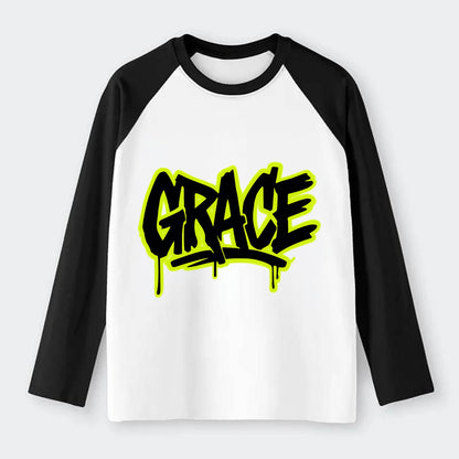 Bold typography design - "GRACE" - elegance under pressure, divine - Raglan Long Sleeve T-Shirt - Black