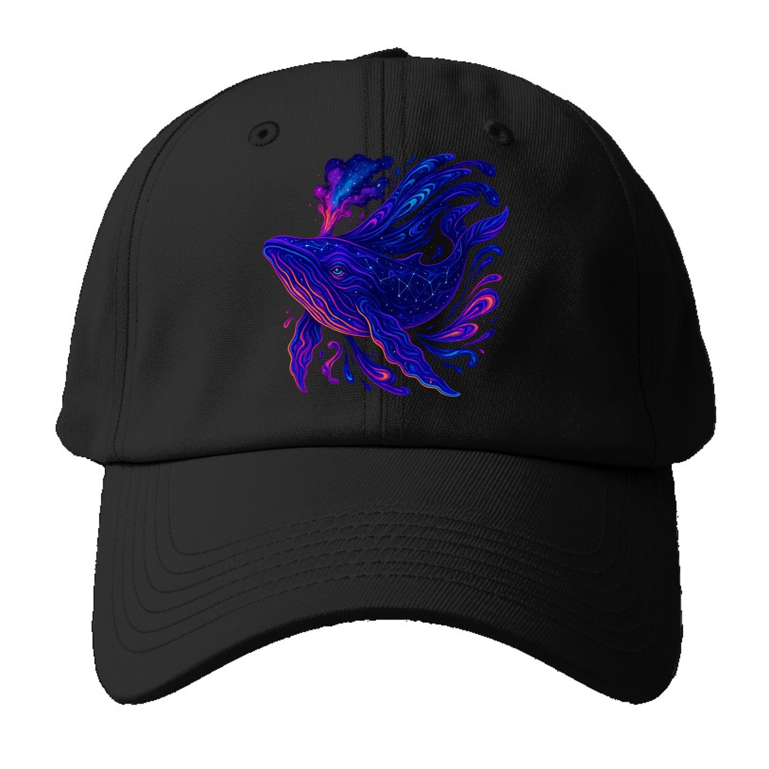 Majestic whale with body composed of galaxy clusters, stellar fins flowing like - Baseball Cap - Black