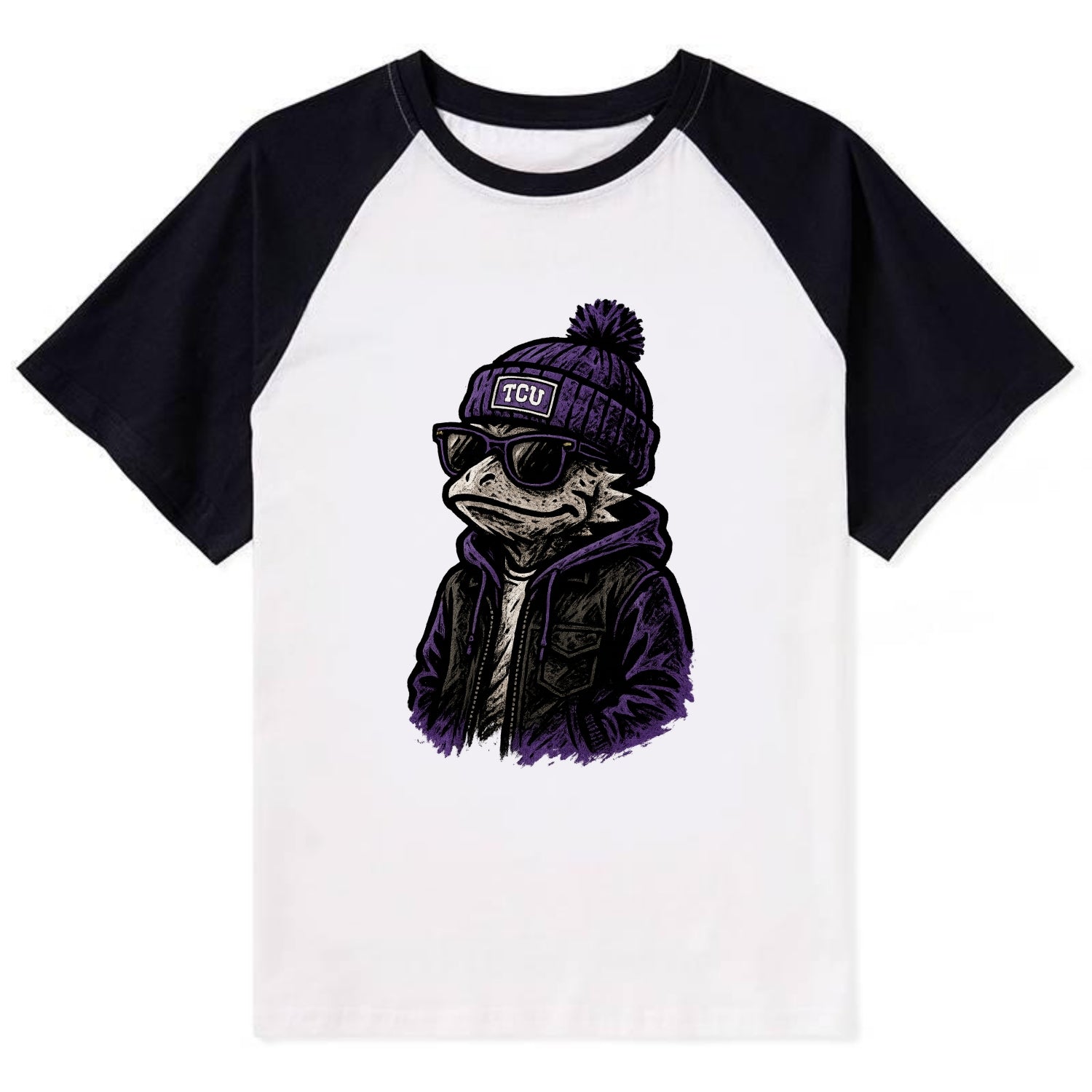 Fort Worth Frog wearing TCU beanie with horned patch - Contrast Raglan T-shirt - Black