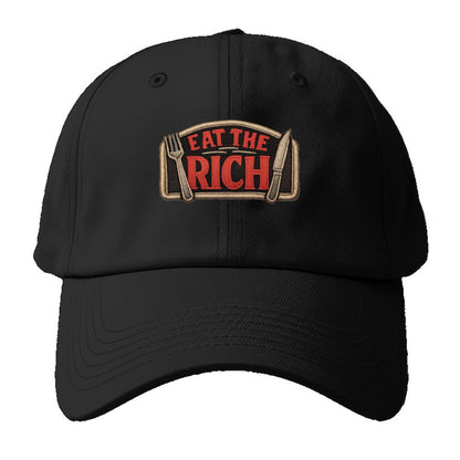 EAT THE RICH - fork and knife with text in red and silver , class war - Baseball Cap - Black