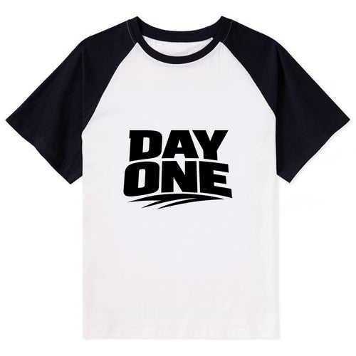 Bold typography design - DAY ONE - original friend, from the start - Contrast Raglan T-shirt