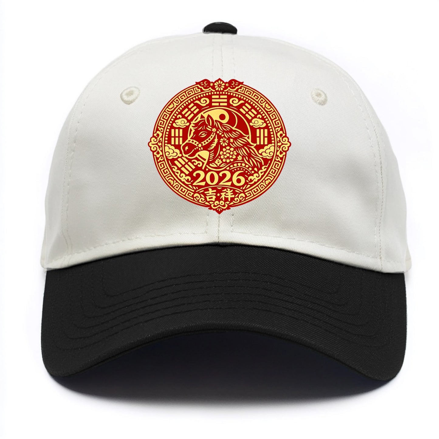 LUCKY HORSE MEDALLION | Circular medallion with horse profile | Intricate Chinese - Two Tone Cap - Black