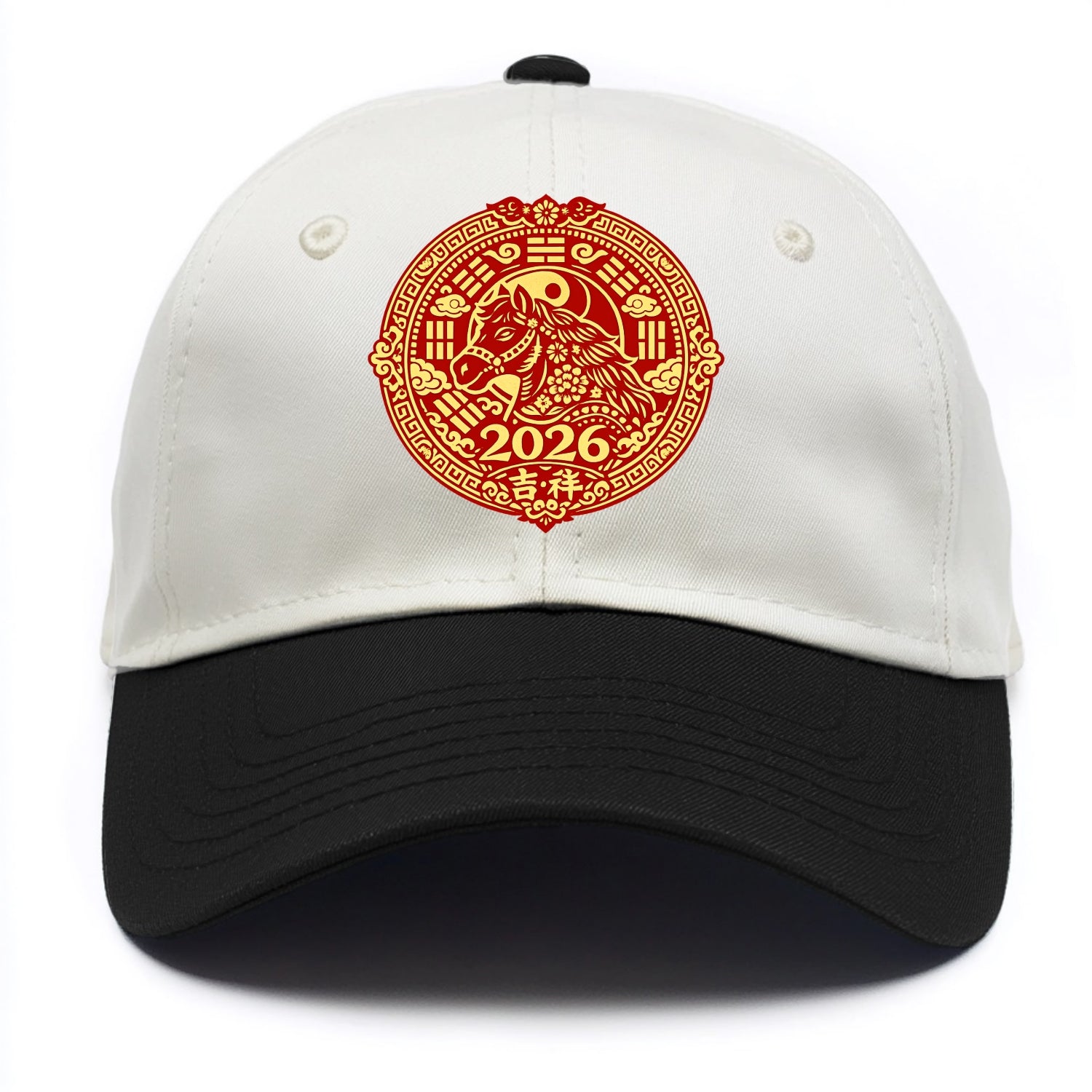 LUCKY HORSE MEDALLION | Circular medallion with horse profile | Intricate Chinese - Two Tone Cap - Black