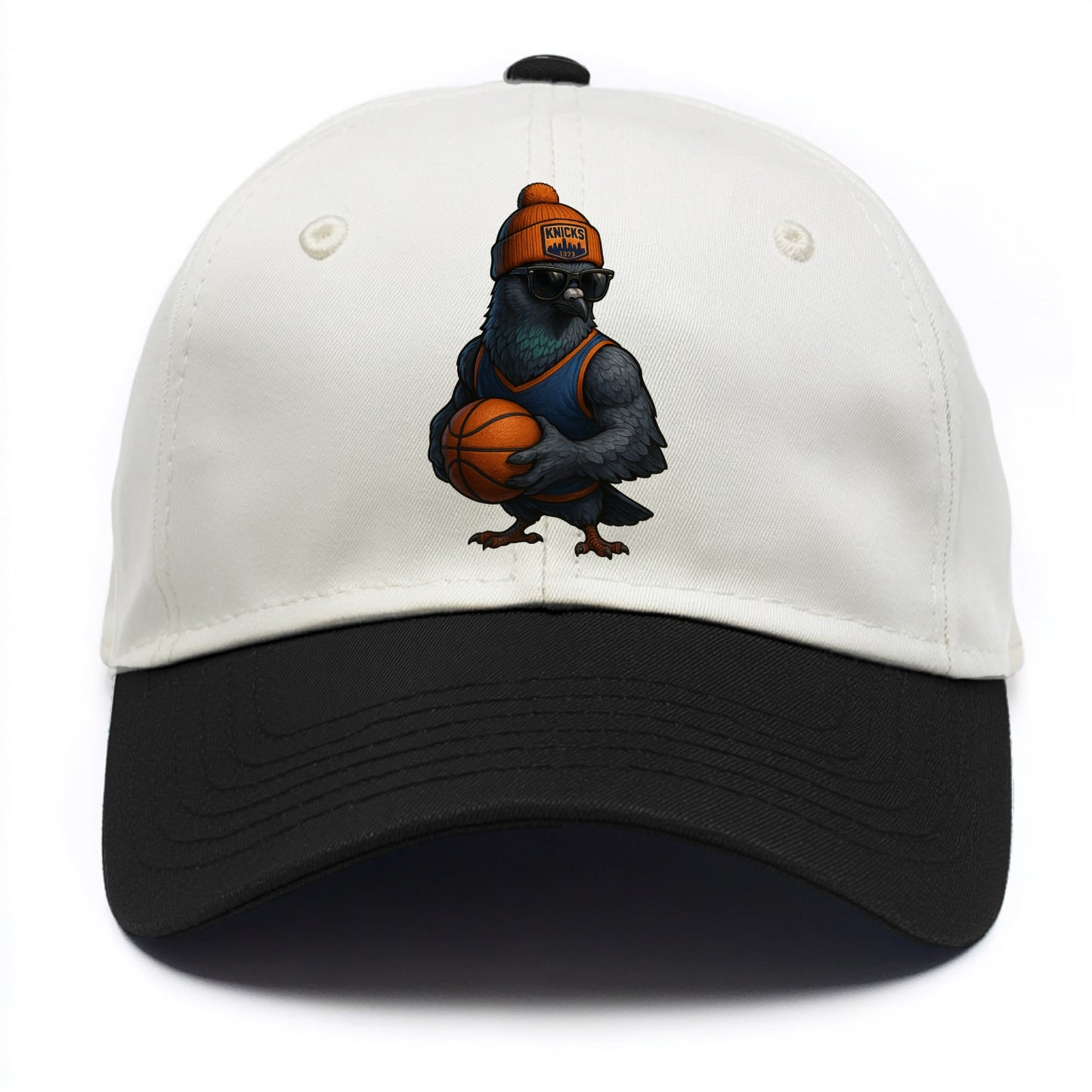 Manhattan Pigeon wearing Knicks beanie with skyline patch and wayfarer sunglasses - Two Tone Cap - Black