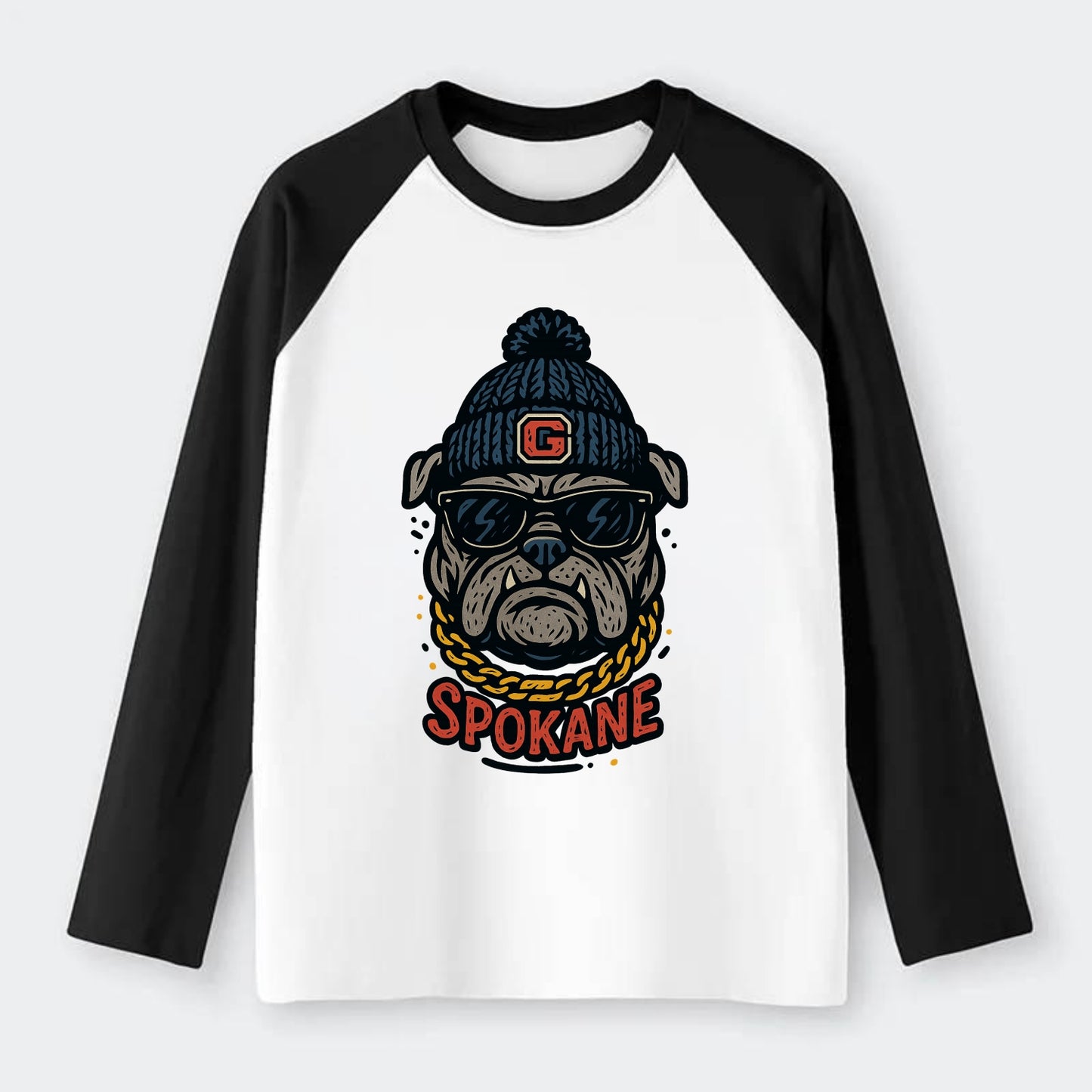 Spokane Bulldog wearing Gonzaga beanie with G patch - Raglan Long Sleeve T-Shirt - Black